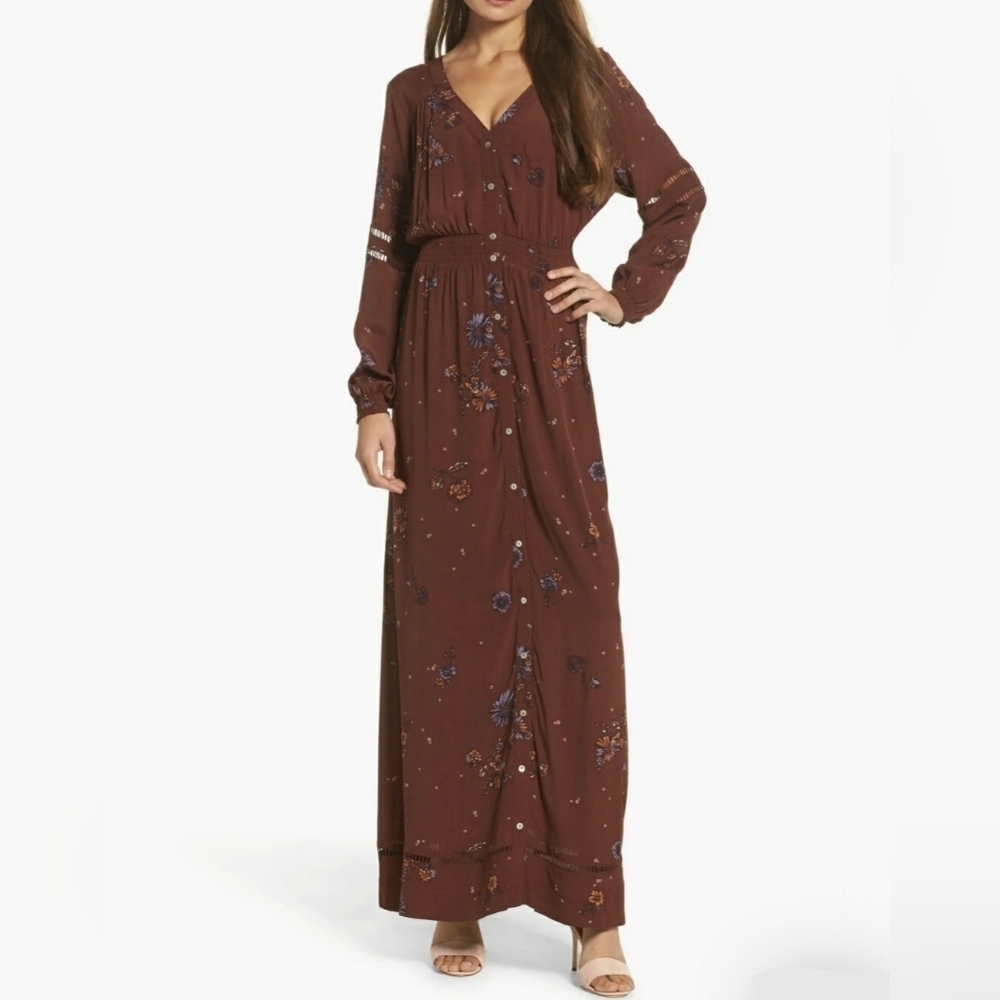 Knot Sisters Floral Boho Maxi Dress Button Front Long Sleeve Lace Detail